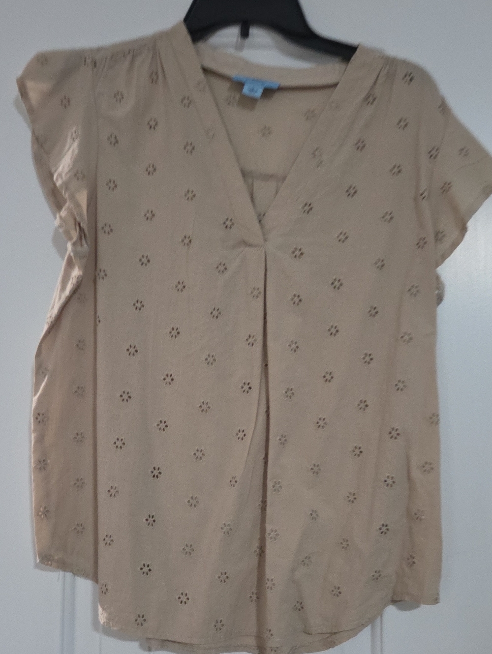 CeCe Neutral Eyelet V-Neck Short Sleeve Blouse